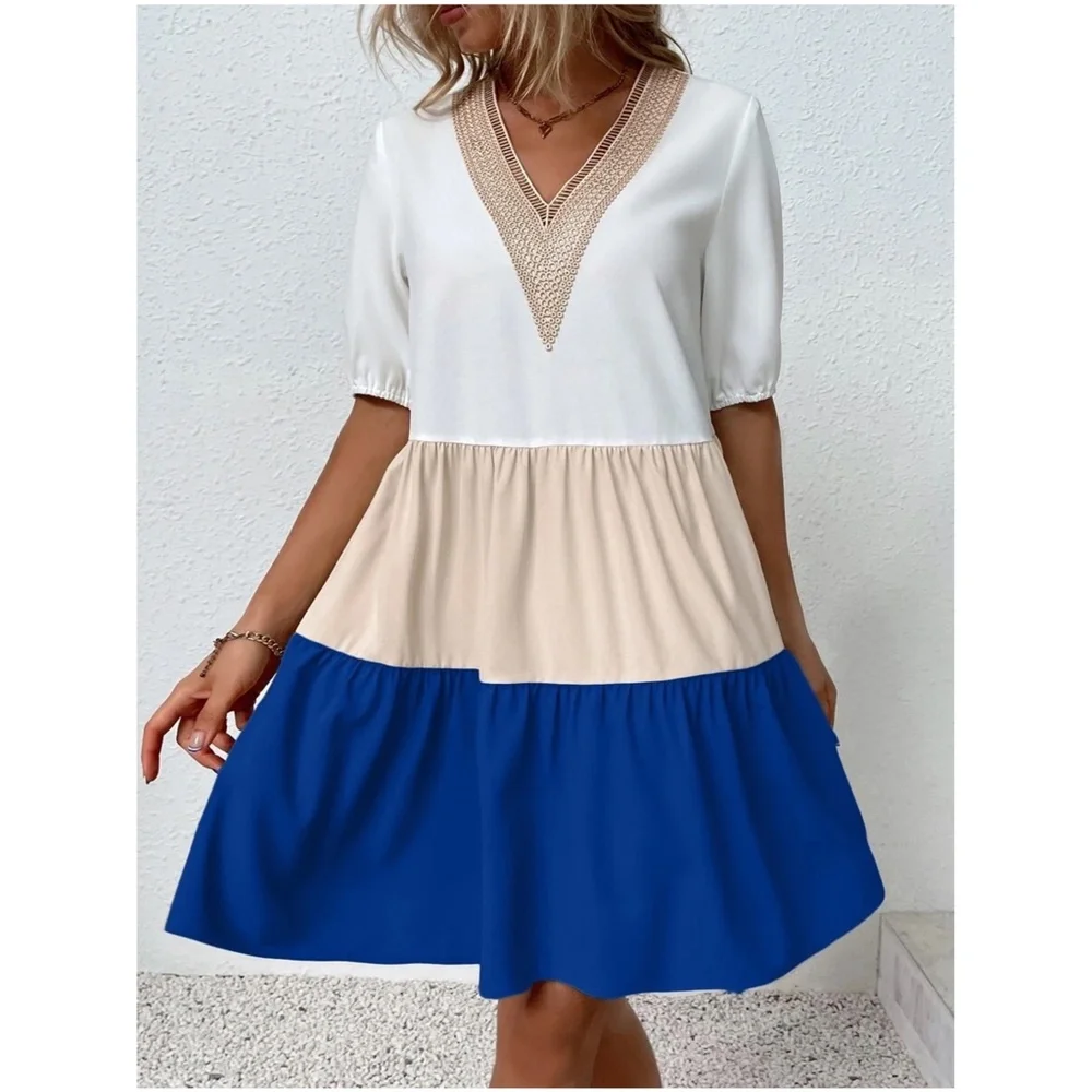 Boho Color Block Lace Oversized Mini Dress - Picture 12 of 13